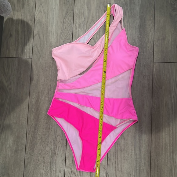 NEW Color Block One Shoulder Mesh Insert One Piece Swimsuit - Picture 10 of 11